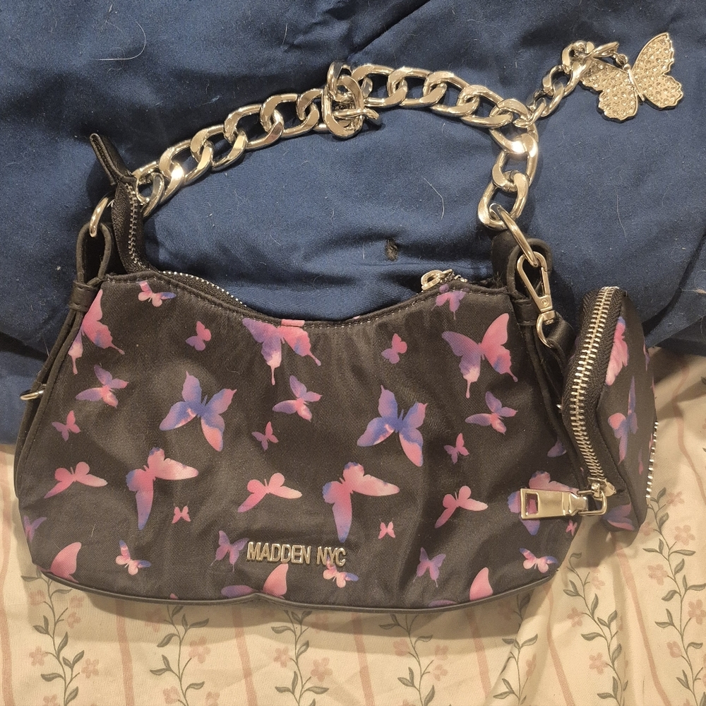 Madden NYC Black and Purple Butterfly Shoulder Bag